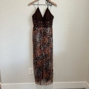VTG Y2K Muse Silk Brown Halter Beaded Paisley Maxi Dress Whimsigoth Fairy Boho